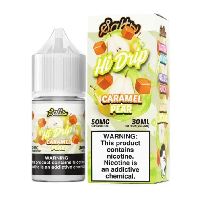 Bottle and packaging of ’Hi Drip’ caramel pear flavored e-liquid for vaping.