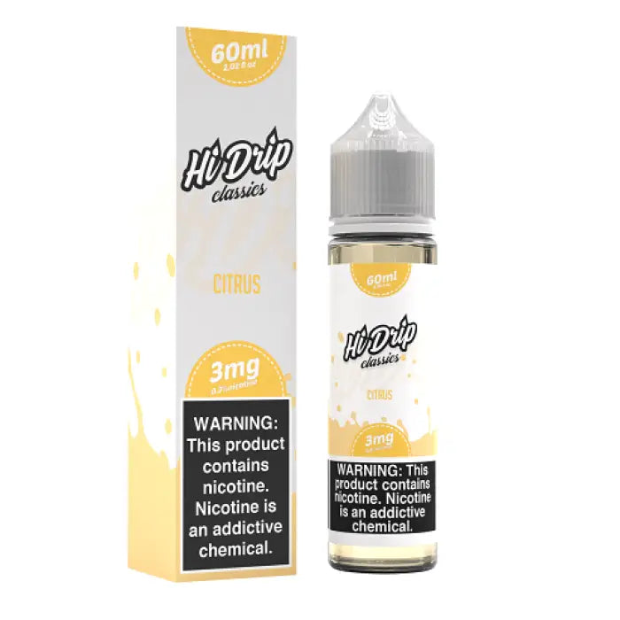 E-liquid bottle and packaging for Hi-Drip Citrus flavor with 3mg nicotine strength.