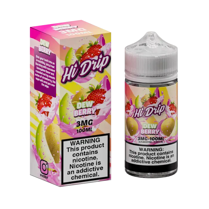 Bottle and packaging of ’Hi Drip’ e-liquid vape juice in a fruit flavor.