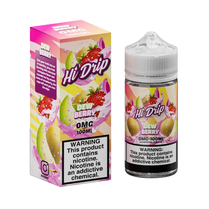 Colorful e-liquid bottle and packaging for ’Hi Drip’ brand vape juice in a fruit flavor.