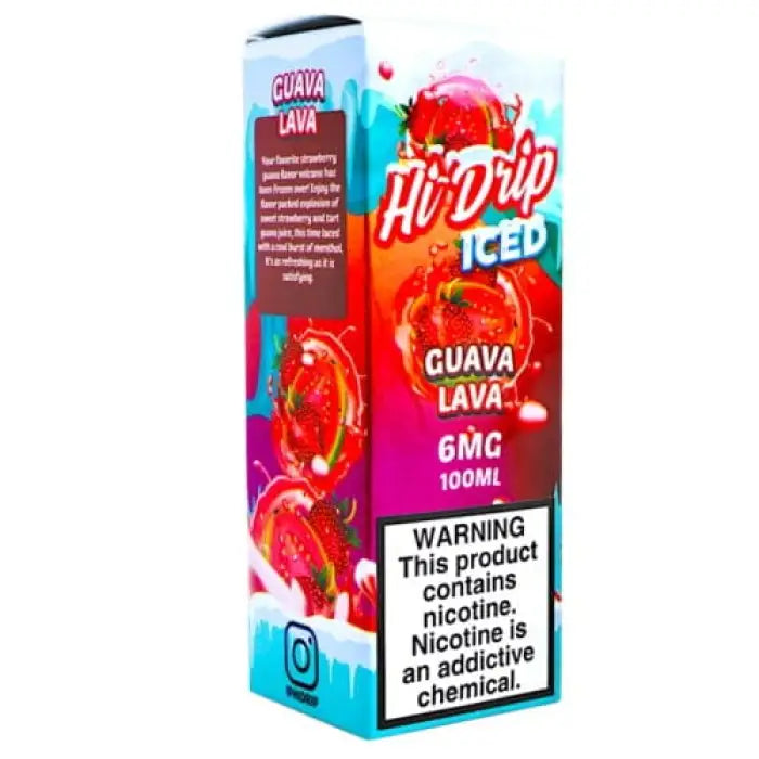 Colorful box packaging for ’Hi Drip Iced’ guava lava flavored e-liquid containing nicotine.