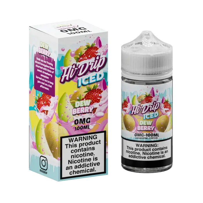 E-liquid bottle and packaging for a fruit-flavored vape juice called ’Hi Drip Iced’ with 0mg nicotine.