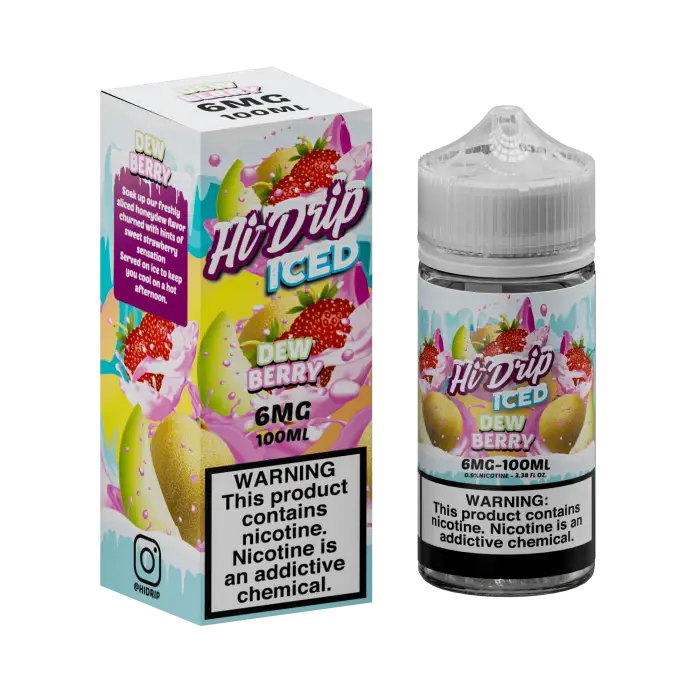 Colorful e-liquid bottle and packaging for ’Hi-Drip Iced’ vape juice in ’Very Berry’ flavor.