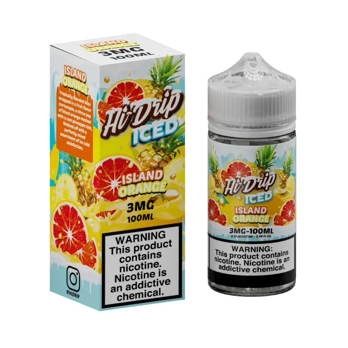 Fruit-flavored e-liquid product called ’Hi-Drip Iced Island Orange’ with packaging and bottle shown.