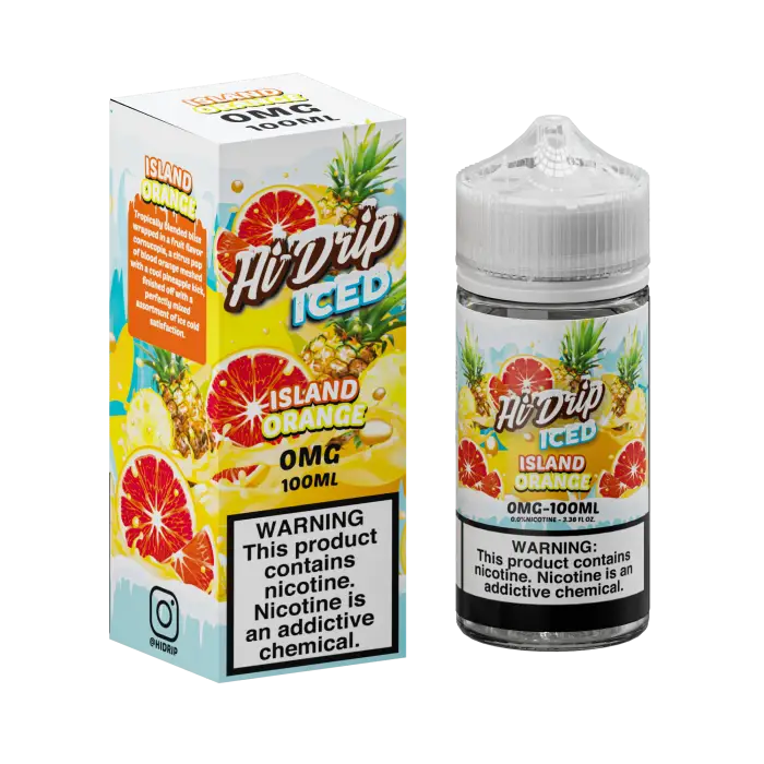 Bottle and packaging of Hi-Drip Iced Island e-liquid vape juice with tropical fruit flavors.