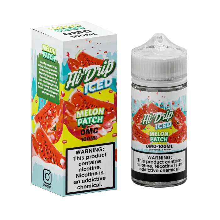 E-liquid bottle and packaging for ’Hi-Drip Iced Melon Patch’ vape juice.