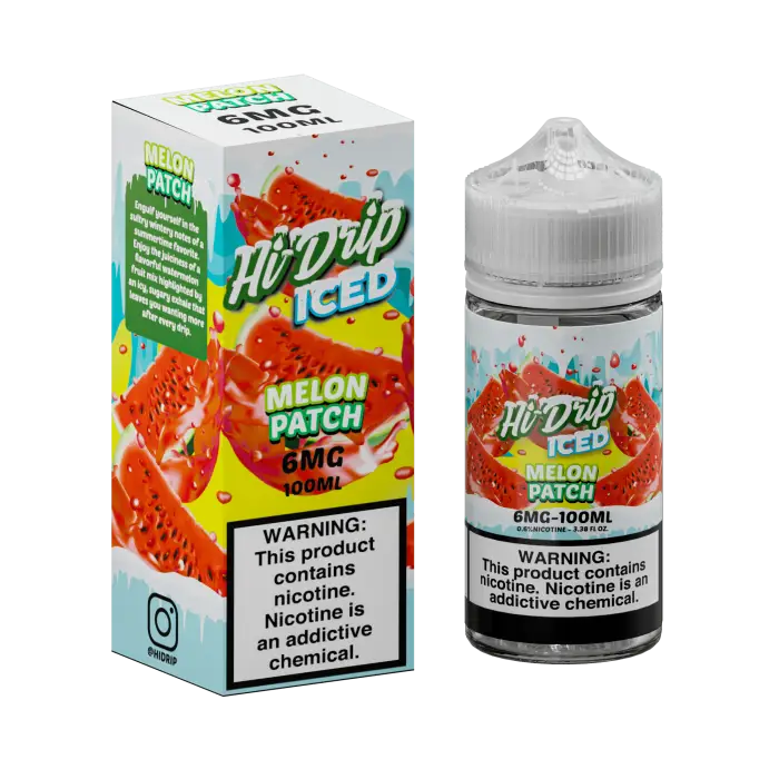 E-liquid bottle and packaging for ’Hi-Drip Iced Melon Patch’ vape juice.