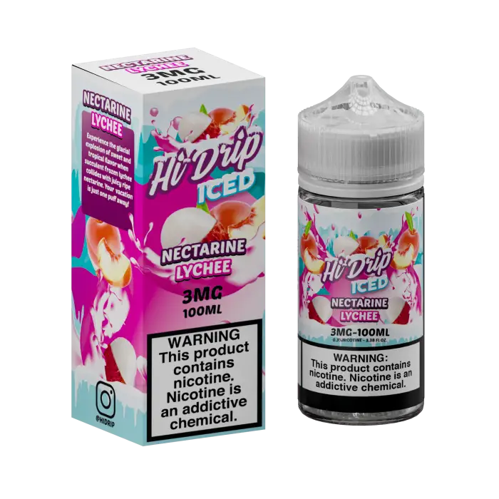 E-liquid bottle and packaging for ’Hi-Drip Iced’ vape juice in Nectarine Lychee flavor.