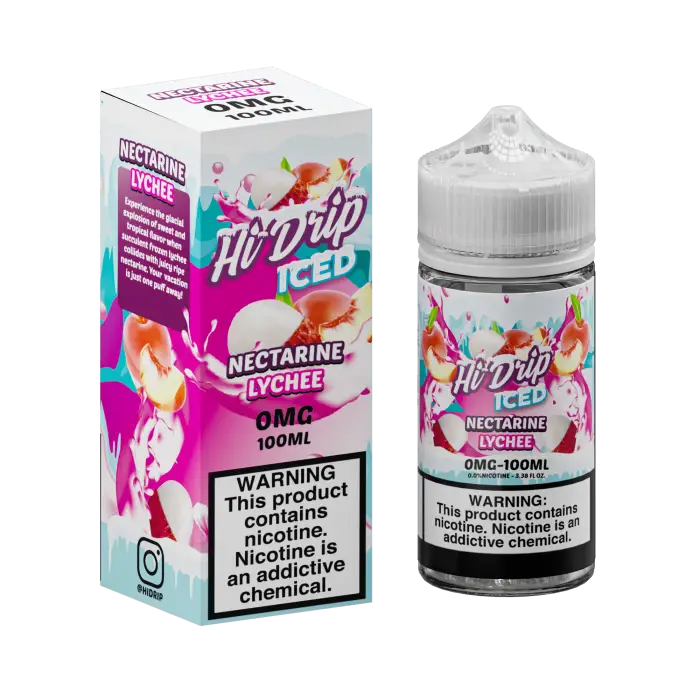 E-liquid bottle and packaging for ’Hi-Drip Iced’ in Nectarine Lychee flavor.