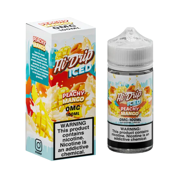 E-liquid bottle and packaging for ’Hi-Drip Iced Peachy Mango’ vape juice.