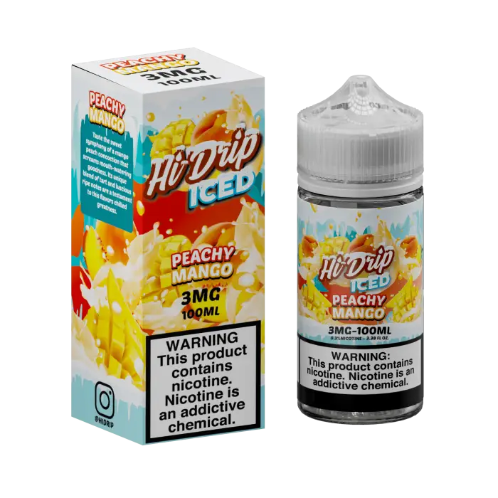 E-liquid bottle and packaging for Hi-Drip Iced Peachy Mango vape juice.