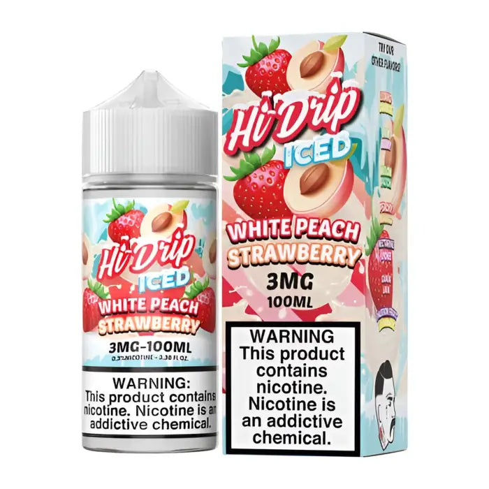 E-liquid bottle and packaging for ’Hi Drip Iced White Peach Strawberry’ vape juice.