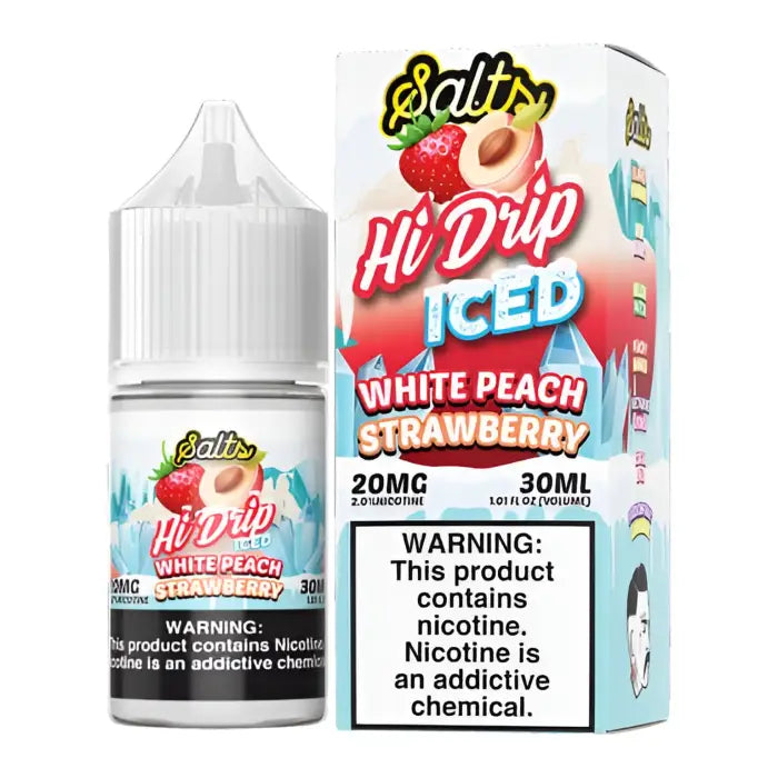 E-liquid bottle and packaging for ’Hi Drip Iced White Peach Strawberry’ vape juice.