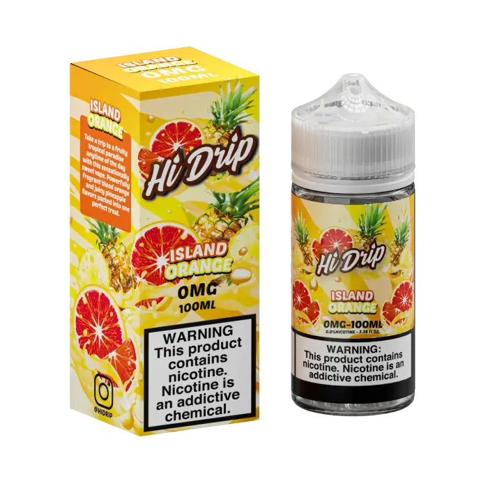 Bottle and packaging of ’Hi Drip’ tropical fruit-flavored e-liquid for vaping.