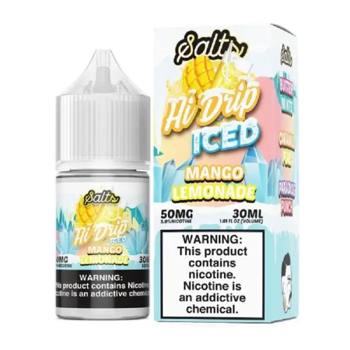 Bottle and packaging of ’Hi Drip Iced’ mango coconut flavored e-liquid with 50mg nicotine strength.