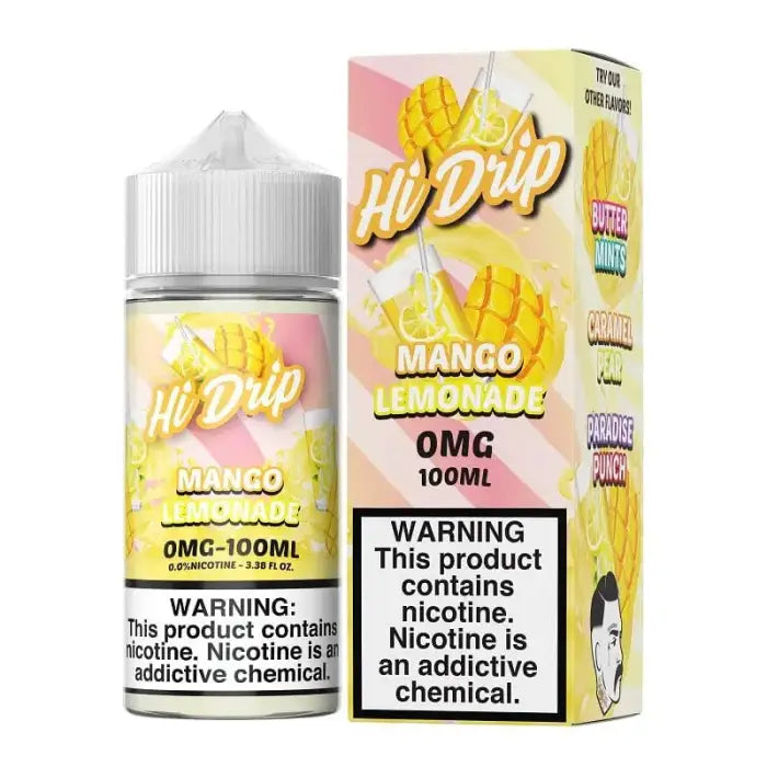 Bottle of Hi Drip Mango Lemonade e-liquid with its product packaging.