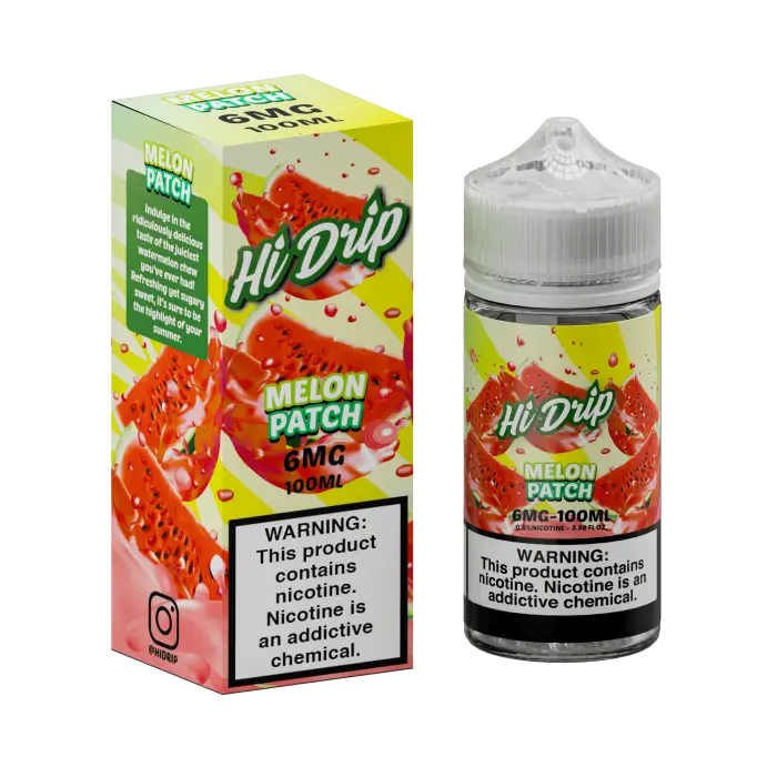 E-liquid bottle and packaging for ’Hi Drip Melon Patch’ vape juice.