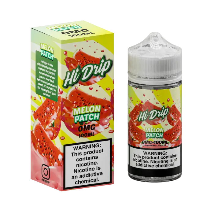 E-liquid bottle and packaging for ’Hi Drip Melon Patch’ vape juice flavor.