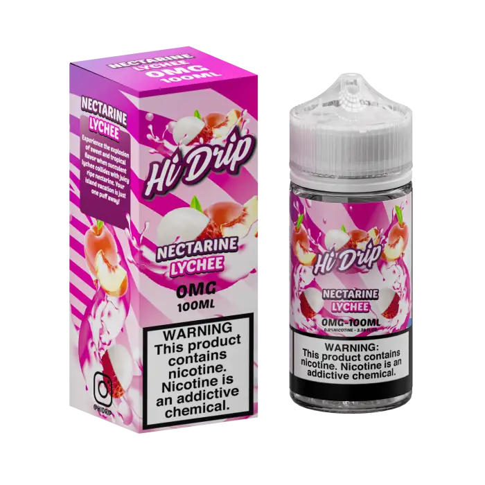 E-liquid bottle and packaging for ’Hi Drip’ nectarine lychee flavor vape juice.