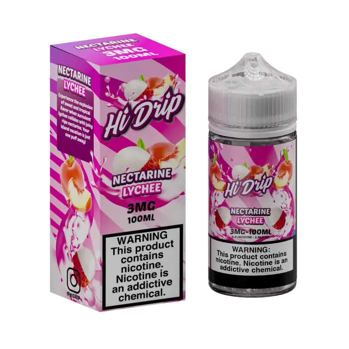 E-liquid bottle and packaging for ’Hi Drip’ nectarine lychee flavor vape juice.