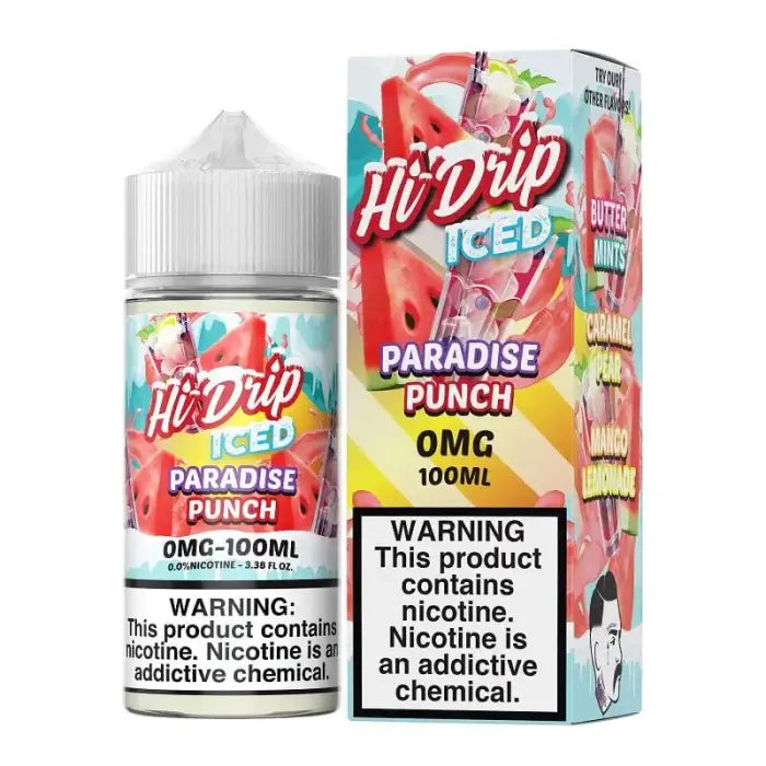 Bottle and packaging of Hi-Drip Iced Paradise Punch e-liquid for vaping.