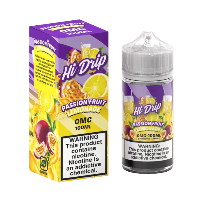 E-liquid or vape juice bottle and packaging for a passion fruit flavored product called ’Hi Drip’.