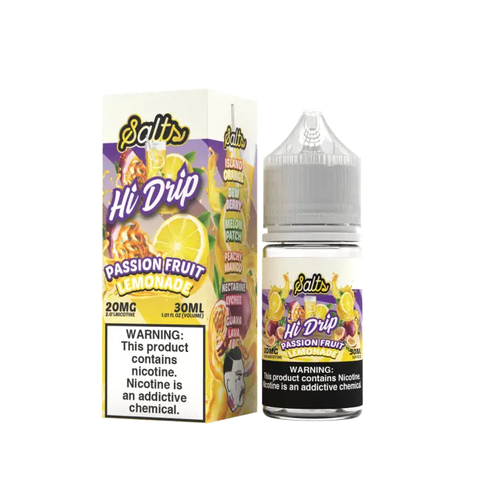 E-liquid bottle and packaging for ’Hi Drip Passion Fruit’ flavor by Bolts.