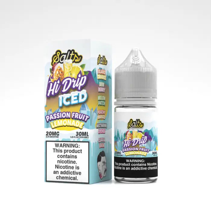 Bottle and packaging of ’Hi Drip Iced’ passion fruit lemonade flavored e-liquid for vaping.