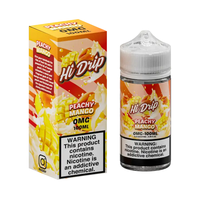 E-liquid bottle and packaging for ’Hi Drip’ peach-flavored vape juice.