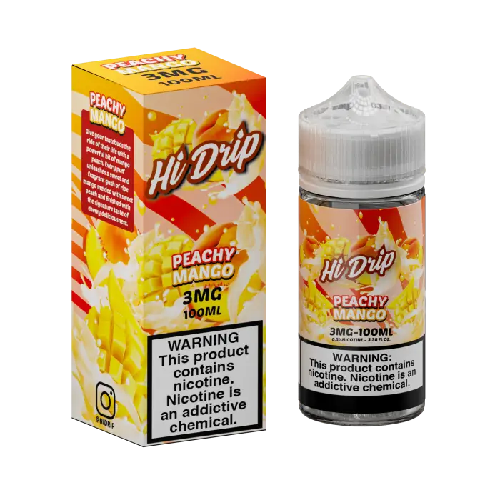 E-liquid bottle and packaging for ’Hi Drip Peachy Mango’ vape juice with 3mg nicotine strength.