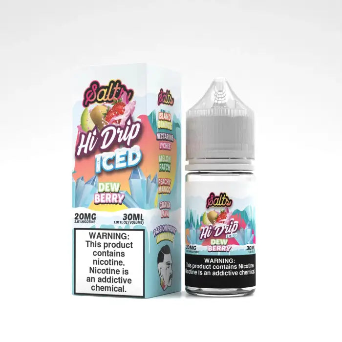 E-liquid bottle and packaging for ’Hi Drip Iced Kiwi Berry’ vape juice.