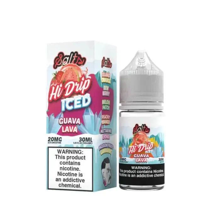 Bottle of Hi Drip Iced e-liquid in Guava Lava flavor with its packaging.