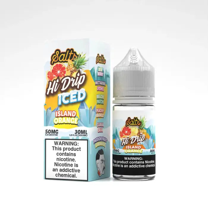 Colorful e-liquid bottle and packaging for ’Bali Hi Drip Iced Island Orange’ vape juice.