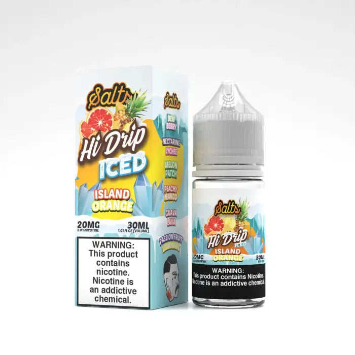 Colorful e-liquid bottle and packaging for ’Bali’s Hi Drip Iced Island Orange’ vape juice.