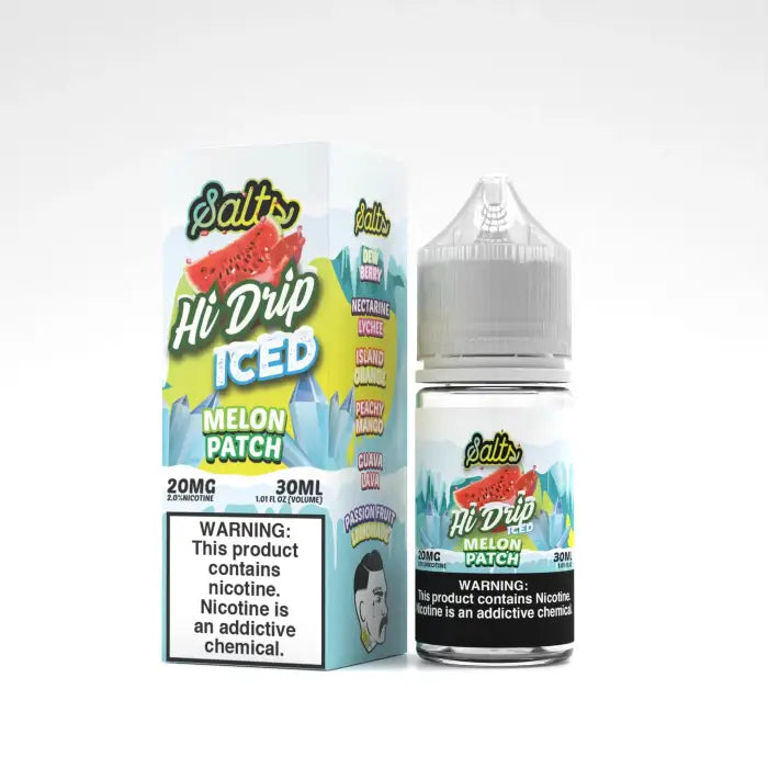 E-liquid bottle and packaging for ’Hi Drip Iced Melon Patch’ vape juice.