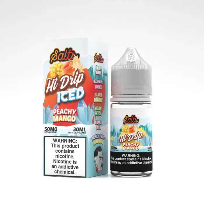 E-liquid bottle and packaging for ’Hi Drip Iced Peachy Mango’ vape juice.