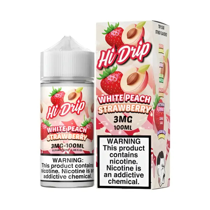 E-liquid bottle and packaging for ’Hi Drip’ White Peach Strawberry flavor.