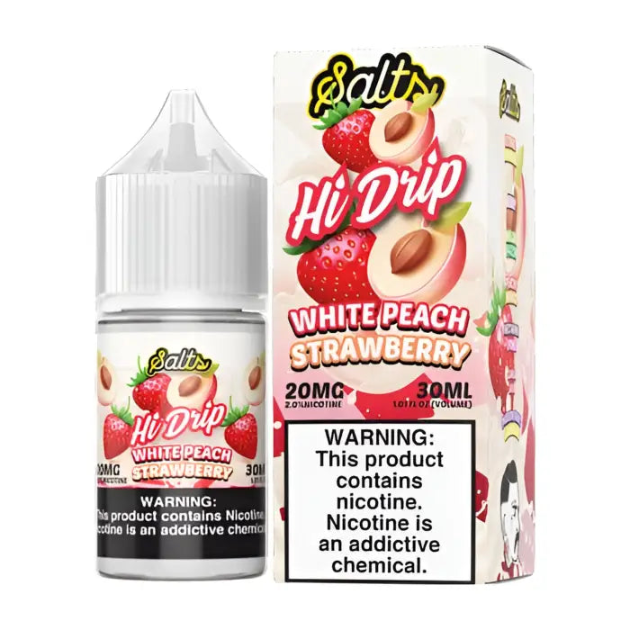 E-liquid bottle and packaging for ’Hi Drip White Peach Strawberry’ flavor by Salt Nic.