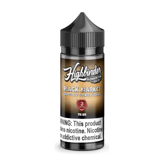 E-liquid bottle for vaping labeled ’Highbinder Black Market’ with a nicotine warning.