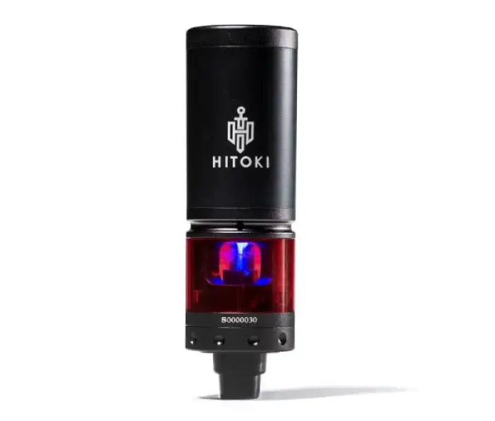 Sleek black and red microphone with illuminated ’Hitoki’ branding.