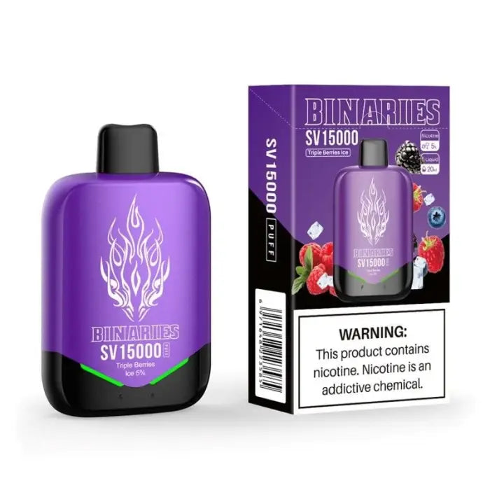 Purple vaping device with its packaging box featuring fruit imagery and warning labels.