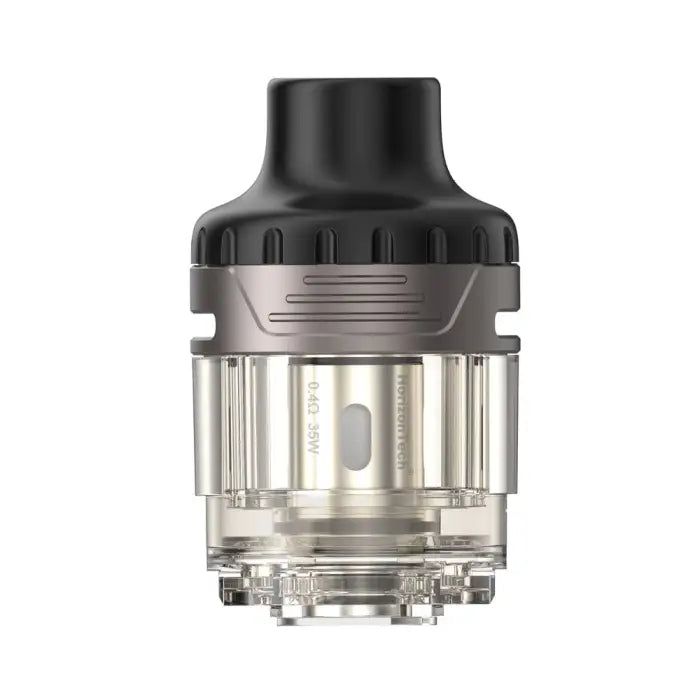 Vaping tank or atomizer with a black top cap and clear glass section.