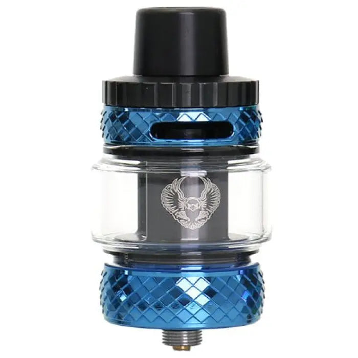 Vaping tank or atomizer with blue metallic accents and a clear glass section.