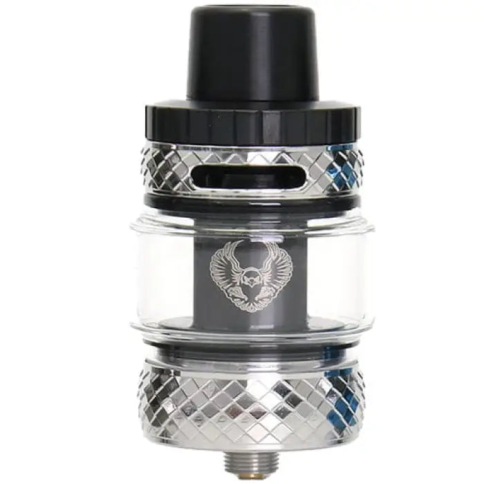 Vaping tank or atomizer with a winged skull logo and diamond-patterned metal accents.