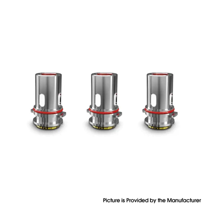 Three identical cylindrical metal coils or atomizer heads with red O-rings.