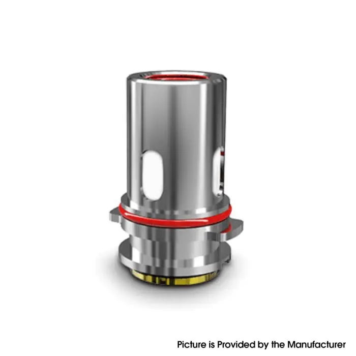 Cylindrical metal vaping coil or atomizer with red accents and visible airflow holes.