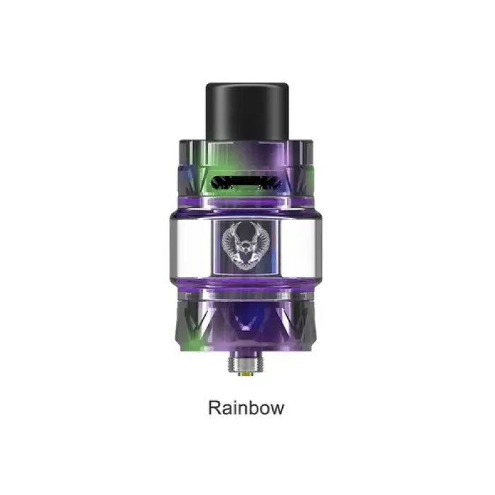 Colorful vaping tank or atomizer with purple and green accents, labeled ’Rainbow’.