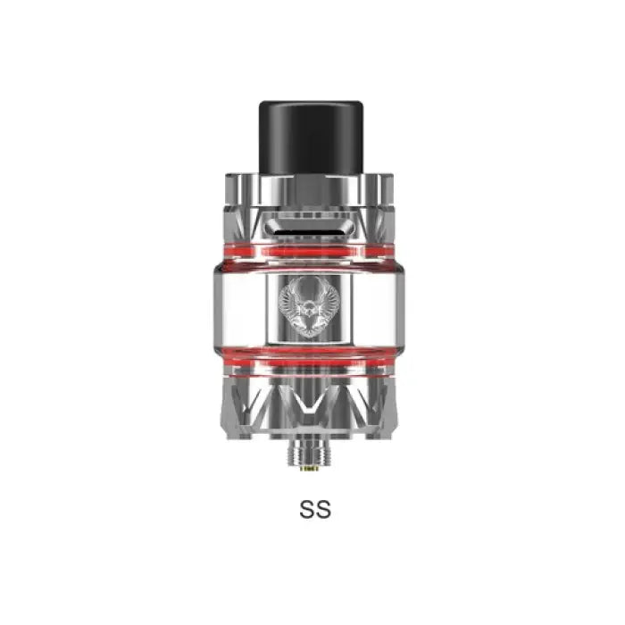 Vaping tank or atomizer with a red accent band and visible coil system.