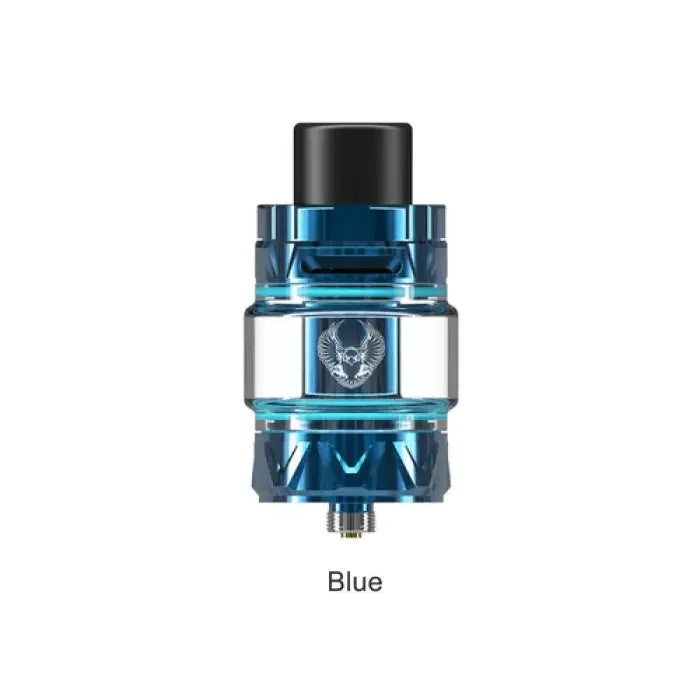 Blue metallic vaping tank with a transparent section and a skull logo.