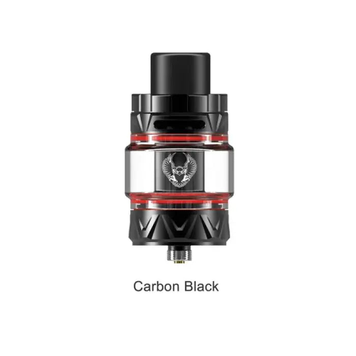 Cylindrical vaping tank or atomizer with red accents and a bull logo.